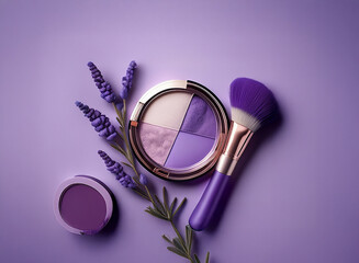 A lavender sprig rests next to a compact of pressed powder and a brush, all on a purple background.
