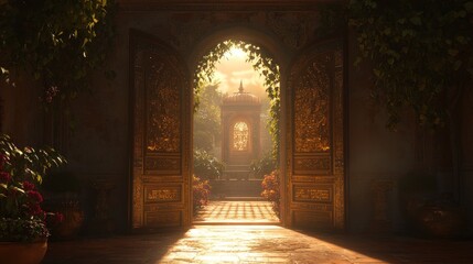 Fototapeta premium A pair of ornate golden doors open to reveal a beautiful garden with a fountain and a view of the sunset.
