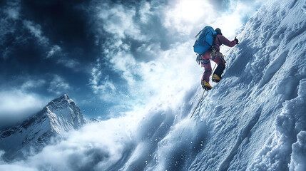 A mountain climber climbing the side of an icy, snowy peak, with dramatic clouds overhead, realistic photography