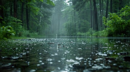 Tranquil Rain-Drenched Forest River: A Serene Nature Scene