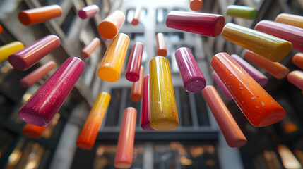 Obraz premium 3D Render of Shiny, Colorful Cylinders Falling Through an Abstract Background