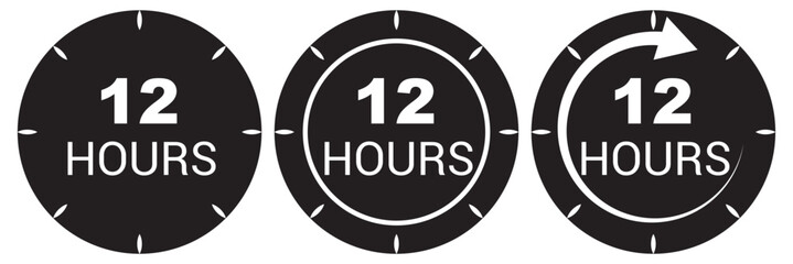 12 hours service vector symbol. 12h service duration sign. 12 h discount offer icon set. Fast 12hr support sign collection. Vector illustration.