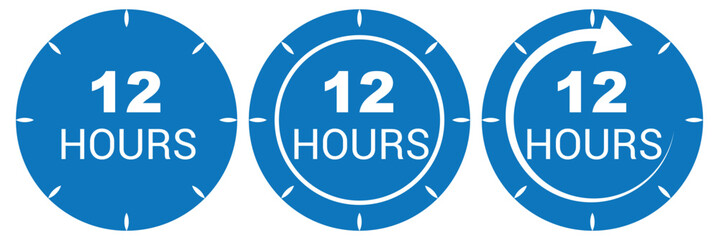 12 hours service vector symbol. 12h service duration sign. 12 h discount offer icon set. Fast 12hr support sign collection. Vector illustration.