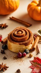 Fototapeta premium Simple Cinnamon Roll with Autumnal Decorations in Close-Up