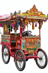 Ornate, red tricycle with decorations.