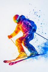 Naklejka premium Colorful skier carving through fresh powder snow, capturing the thrill of winter sports on a bright sunny day. Generative AI