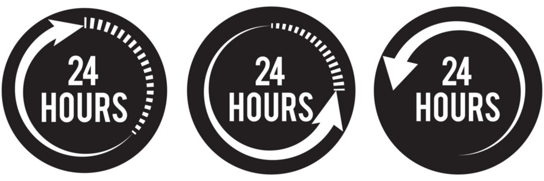 black 24 hours service vector symbol set illustration, fast 24 hours support sign collection