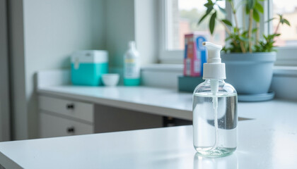 Clear liquid soap dispenser placed on a countertop in a modern kitchen
