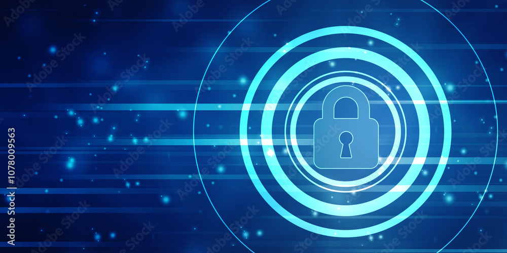 Poster closed padlock on digital screen with flowing binary codes, cyber security and safety information, p