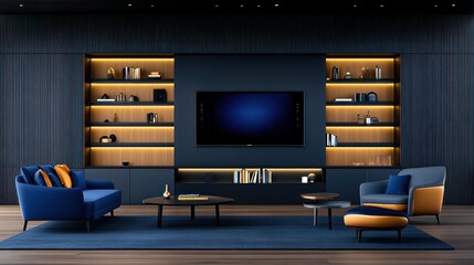 Cozy Scandinavian Living Room with Blue Sofa and Bookshelf - Modern Apartment Interior Design 3D Render