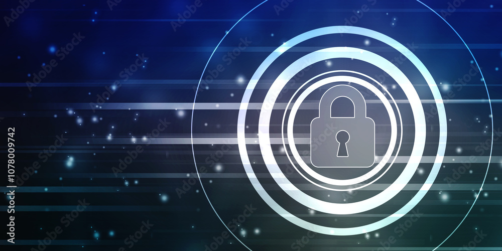 Poster closed padlock on digital screen with flowing binary codes, cyber security and safety information, p