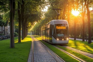 Obraz premium Tram on tracks through a tree lined street.