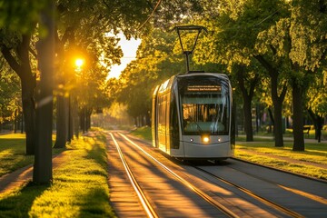Obraz premium Tram tracks through a sunny park.