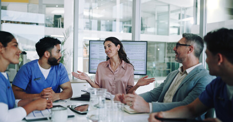 Woman, medical team and meeting with presentation in conference for planning, proposal or discussion at hospital. Female person, speaker or group of healthcare employees listening to funding director