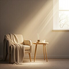 cozy living room with armchair, side table, throw blanket, and a steaming cup of coffee near the window on a sunny day.