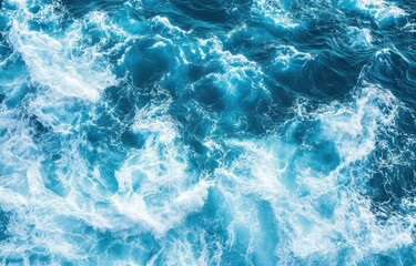 Aerial View of Blue Ocean Waves with White Foam