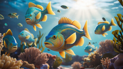 Fototapeta premium coral reef with fish, In the tropical climate of the Red Sea, a yellow blue fish swims underwater in salty sea water near a coral reef. Underwater life, diving, snorkeling. 