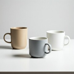 three ceramic coffee cups on a white table in a minimalist style setting