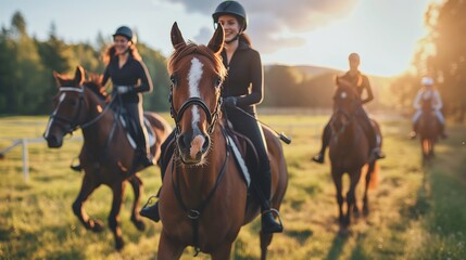 Fototapeta premium A group of horseback riders enjoy a scenic ride through a lush green field during a sunny day.