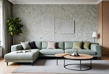 Scandinavian living room interior design zoom background,Doodle patterned wallpaper graphics