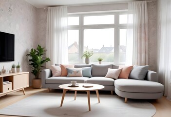 Scandinavian living room interior design zoom background,Doodle patterned wallpaper graphics