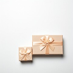 elegant beige gift boxes with satin ribbon bows on white background