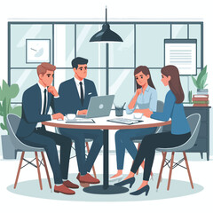 Partners meeting for business discussion with documents and laptop on desk. Couple at round table, speaking, discussing work, partnership. Flat vector on a white background