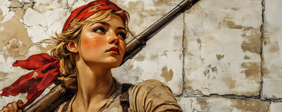 A Realistic Oil Painting Depicting a Woman Holding a Rifle with a Determined Expression, Set Against a Weathered Wall Background