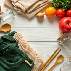green and beige fabric eco friendly shopping bags on white wooden table with fresh fruits and vegetables and wooden utensils