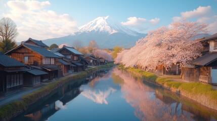 Fototapeta premium Japanese old house style at countryside of Japan with blooming pink Sakura or Cherry blossom and Fuji mountain at background. 