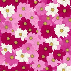 Pink, White and Red Cosmos Flower Seamless Pattern.