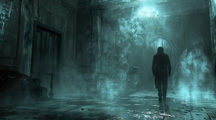 A Shadowy Figure Walks Through a Foggy Hallway in a Haunting Old Mansion