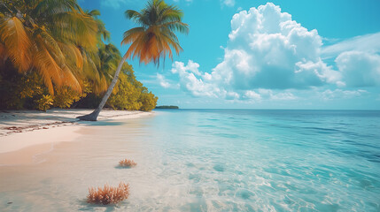 A tranquil coastal view featuring clear water, colorful pebbles, and lush greenery under a bright blue sky in a tropical paradise.