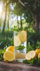 Fresh lemonade with lime and mint served in a glass with a refreshing fruit mix