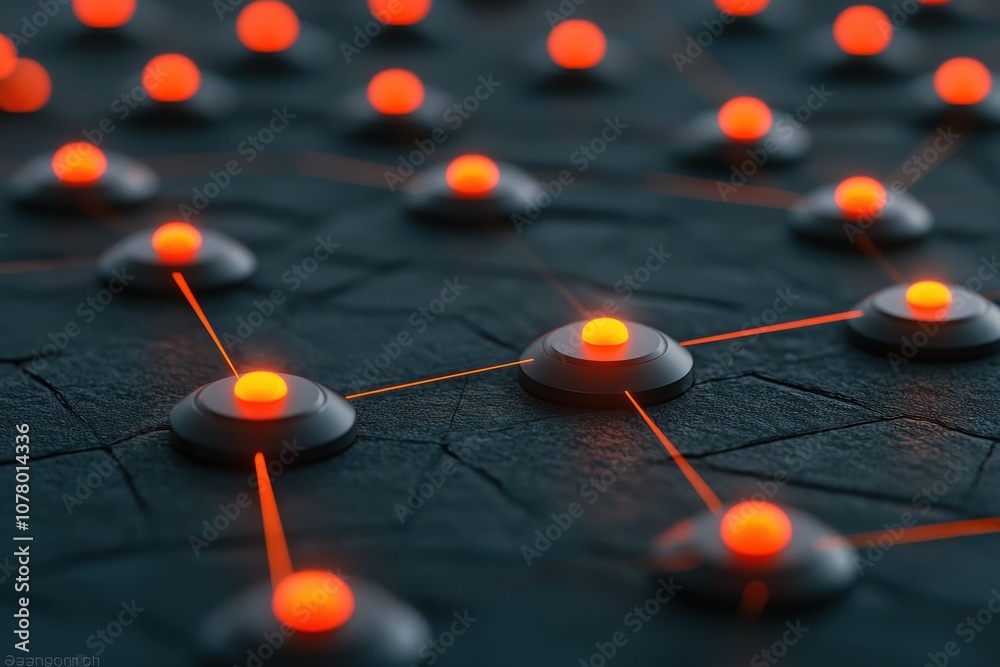 Poster cybersecurity network visualization with warning symbols and red indicators reflecting hacked threat