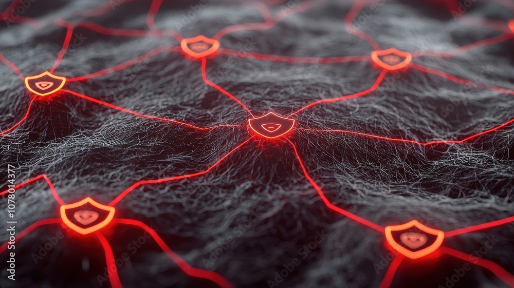 Poster glowing network nodes with security shields and recovery icons representing data protection and conn