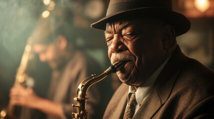 A soulful musician plays the saxophone in a dimly lit jazz club, capturing the essence of live music with emotion and talent.