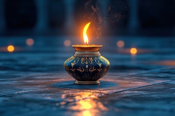 Copper Ramadan Decor with Glowing Candle and Mosque Background - Festive Greeting Card Invitation for Holy Month of Ramadan Kareem