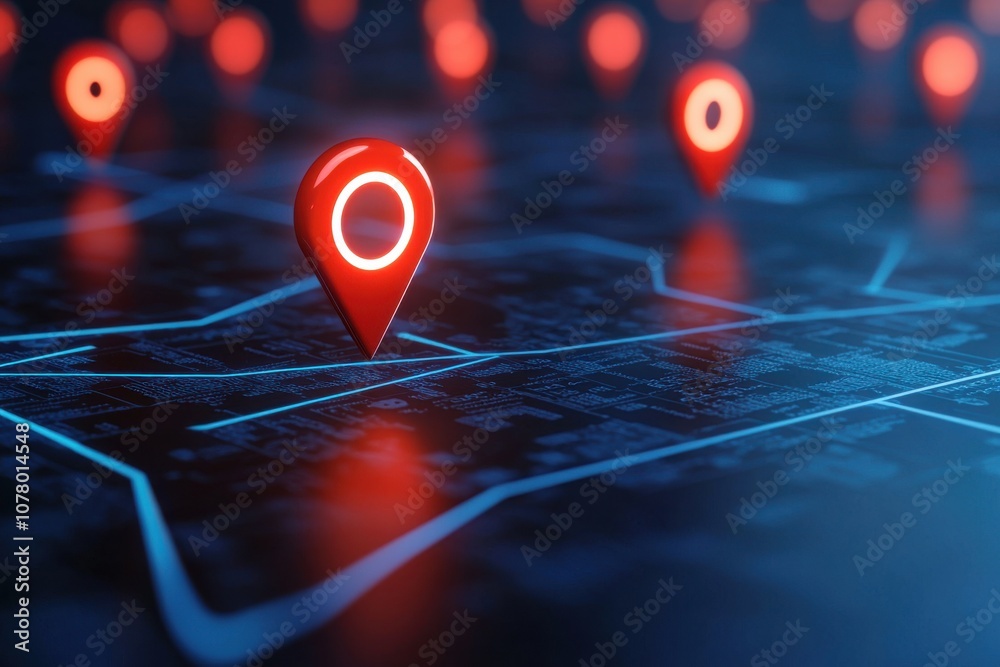 Poster red location markers on dark digital grid representing data security breach with potential attack in