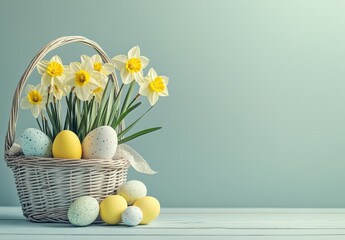 Colorful Eggs and Daffodils on Wooden Table