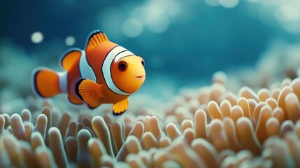 Fototapeta premium A vibrant orange and white clownfish swims through a coral reef, its fins outstretched in the clear blue water.