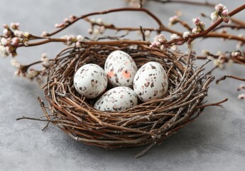 Obraz premium Bird Nest with Eggs and Pastel Flowers on Grey Background
