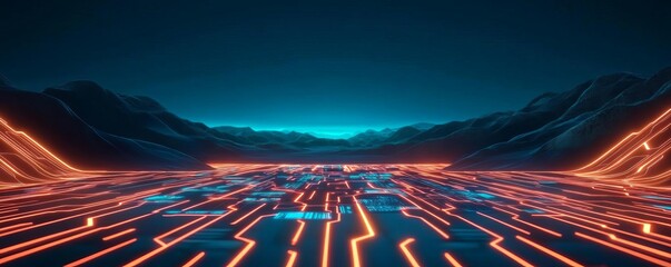 Diverse holographic circuits, glowing data flow, futuristic landscape