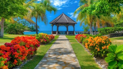 A stone pathway leads to a wooden gazebo situated on a tropical beach, surrounded by vibrant flowers and palm trees.