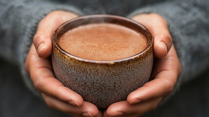 Closeup of Hands Holding a Cup of Hot Chocolate.