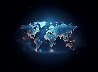 A glowing blue world map with white dots radiating light and connected with lines against a dark blue background, representing global communication, connectivity, and networks.