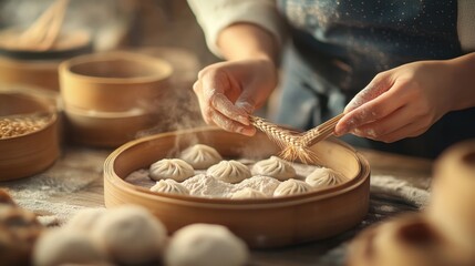 A person prepares steaming dumplings in a bamboo steamer, showcasing culinary skill and tradition in a warm, inviting kitchen setting.