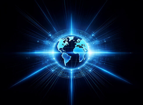 A glowing blue Earth surrounded by light streaks and a circular pattern against a dark background.