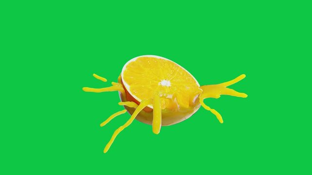 fresh orange juice splash slow motion on green screen background