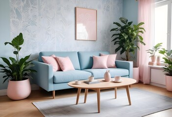 Scandinavian living room interior design zoom background,Doodle patterned wallpaper graphics